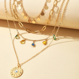 Multi-Layer Gold Necklace with Colorful Drop Charms