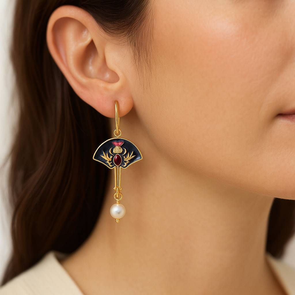 Vintage-Inspired Fan Drop Earrings with Red Crystal Accents