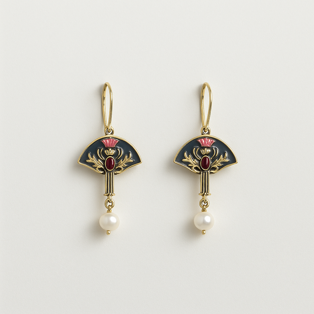 Vintage-Inspired Fan Drop Earrings with Red Crystal Accents