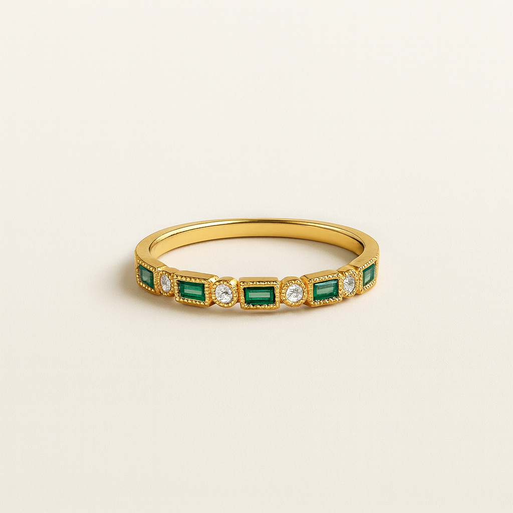 Vintage-Inspired Gold Ring with Green and Clear Crystals