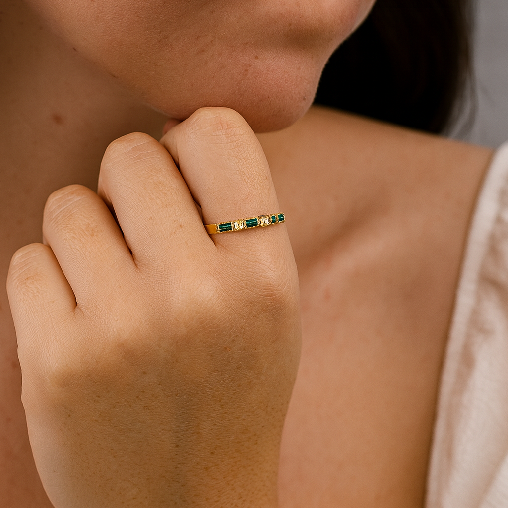 Vintage-Inspired Gold Ring with Green and Clear Crystals