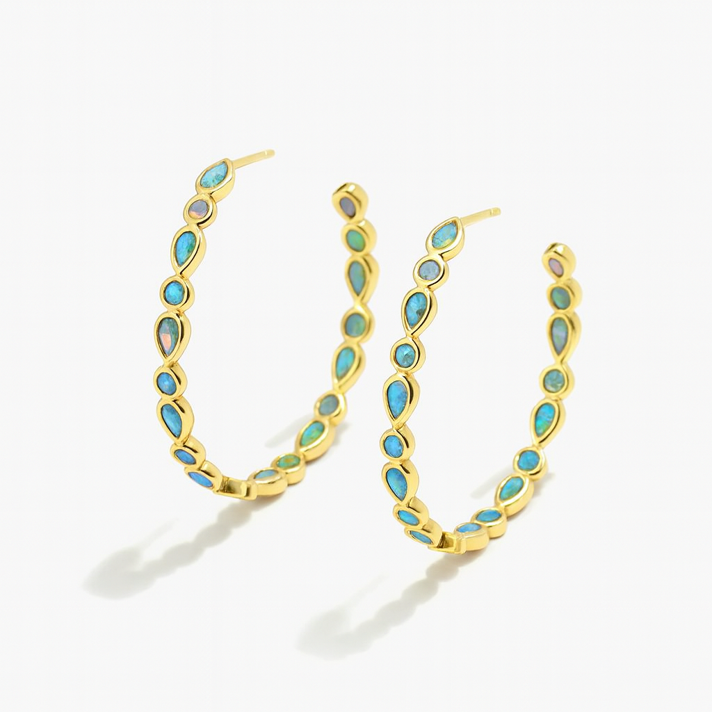 Vintage Blue Opal Hoop Earrings with Gold Tone Accents