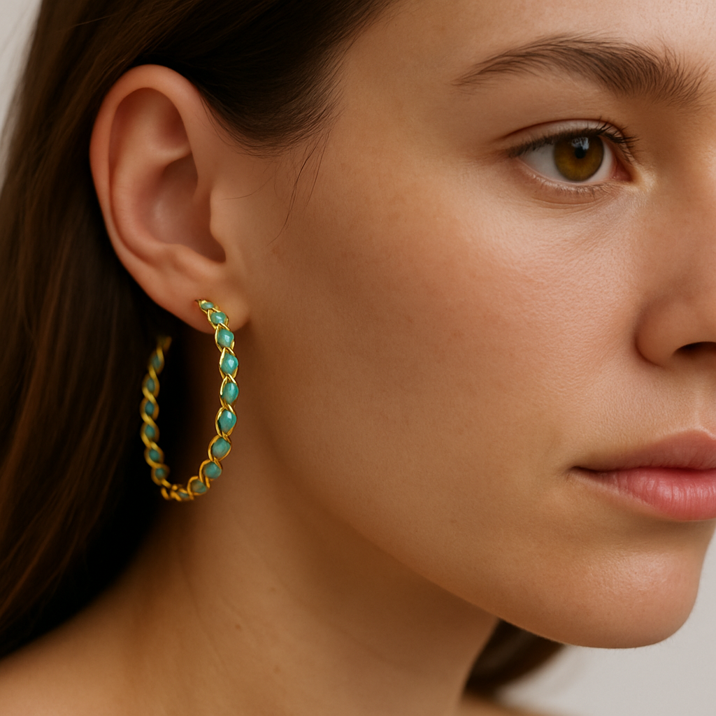 Vintage Blue Opal Hoop Earrings with Gold Tone Accents