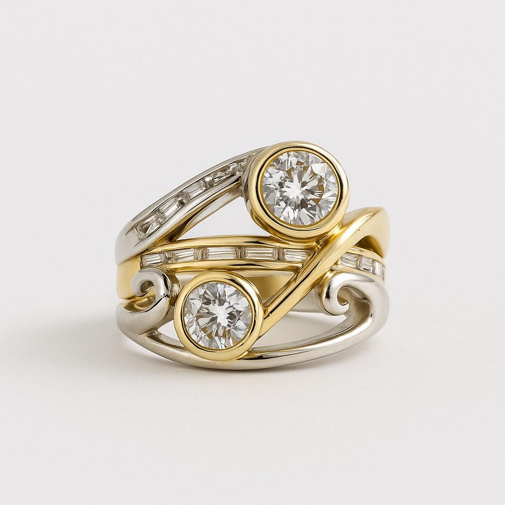 Vintage Gold and Silver Ring with Inlaid Round Zirconia Stones