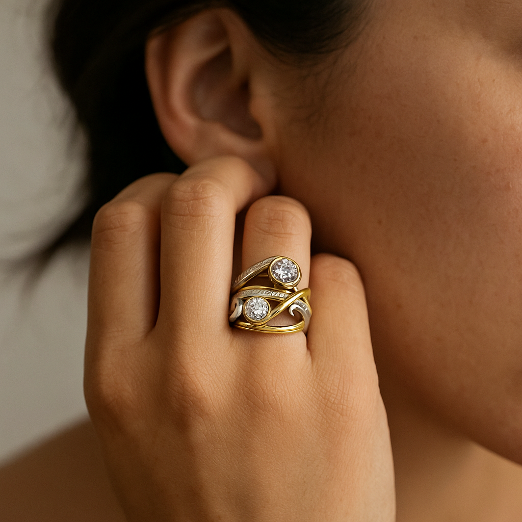Vintage Gold and Silver Ring with Inlaid Round Zirconia Stones