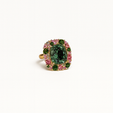 Vintage Green and Pink Crystal Ring with Gold Tone