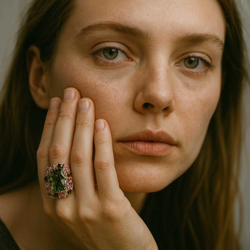Vintage Green and Pink Crystal Ring with Gold Tone