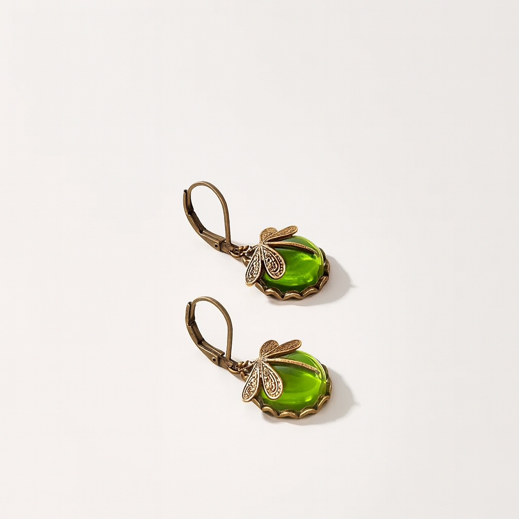 Vintage Style Dragonfly Earrings with Round Glass Stone