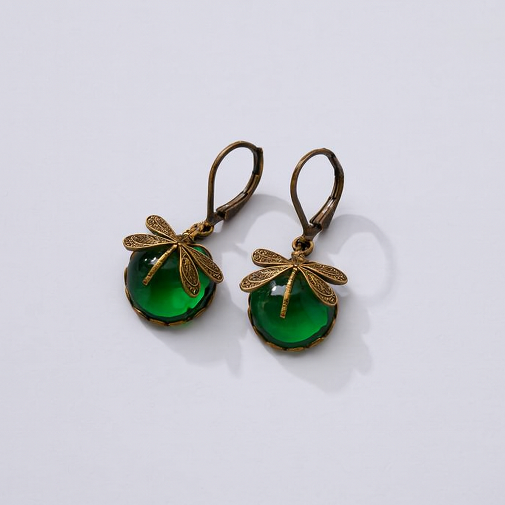 Vintage Style Dragonfly Earrings with Round Glass Stone