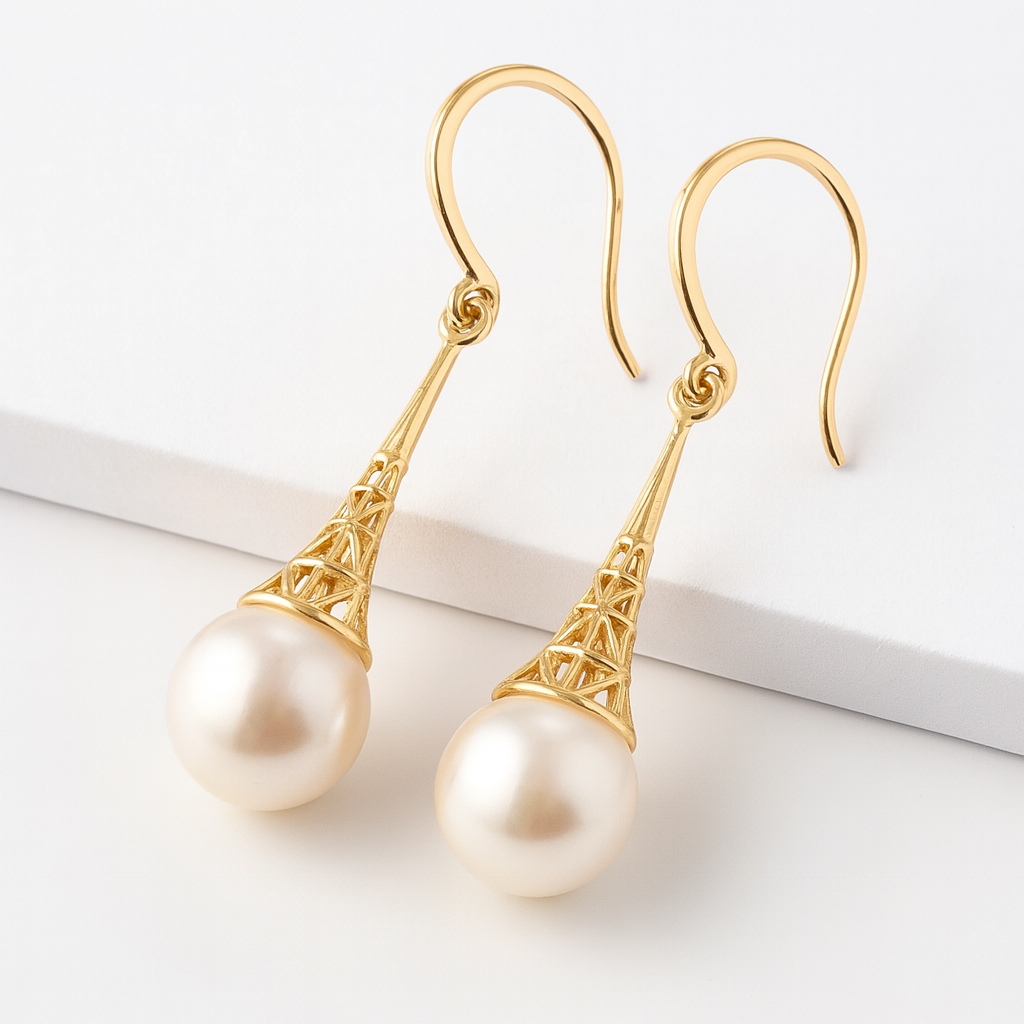 Vintage Style Gold Pearl Earrings with Dangling Drop Design