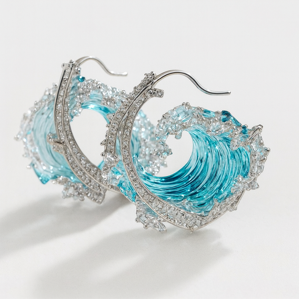 Wave-Inspired Crystal Hoop Earrings with Ocean Blue Accents