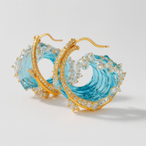 Ocean Blue Crystal Hoop Earrings in Gold Tone
