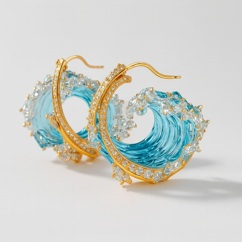 Wave-Inspired Crystal Hoop Earrings with Ocean Blue Accents