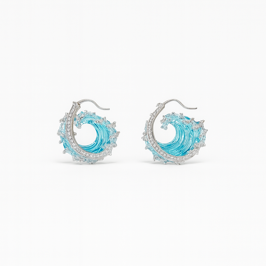 Wave-Inspired Crystal Hoop Earrings with Ocean Blue Accents