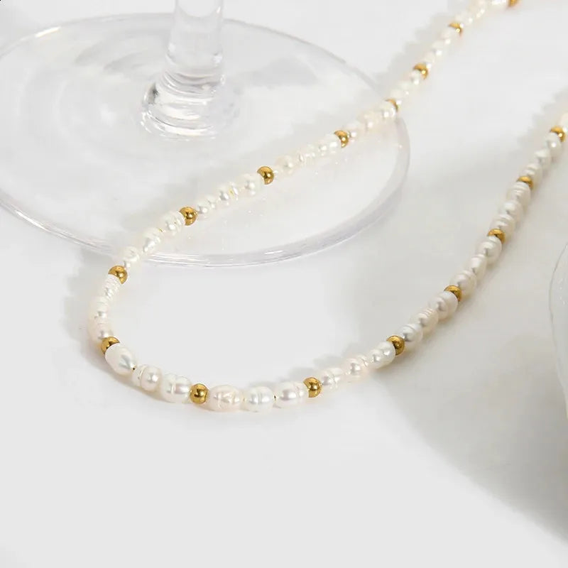 White Beaded Choker with Gold-Tone Accents