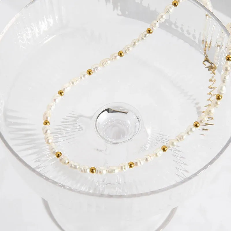 White Beaded Choker with Gold-Tone Accents