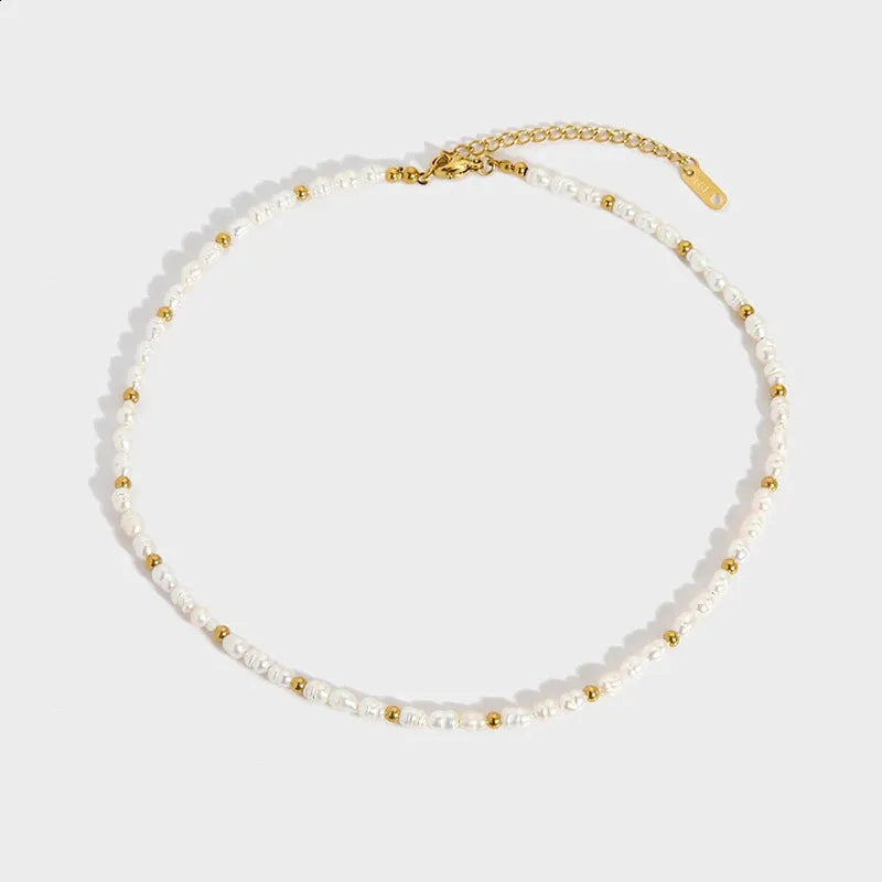White Beaded Choker with Gold-Tone Accents