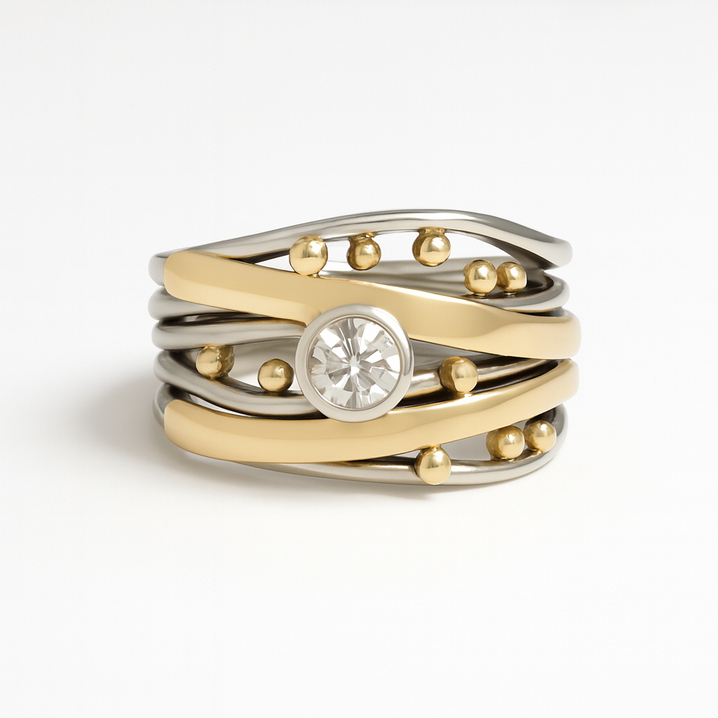 Wide Gold-Tone Ring with Beaded Silver Wrap Design