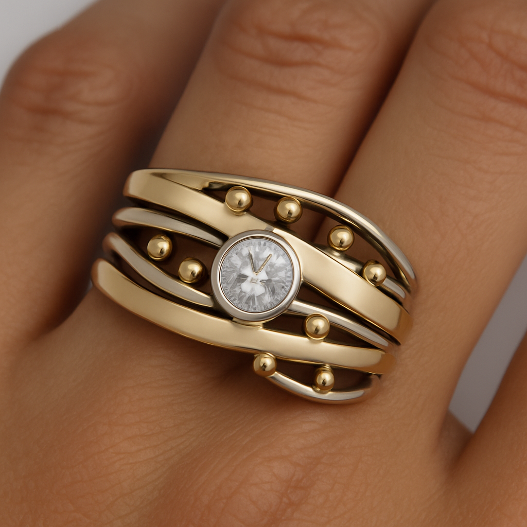 Wide Gold-Tone Ring with Beaded Silver Wrap Design