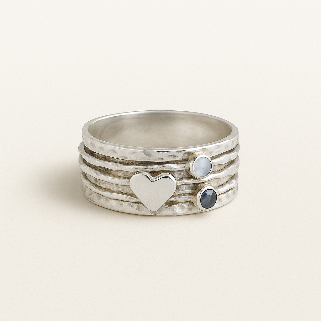 Wide Textured Band Ring with Heart and Accent Stones