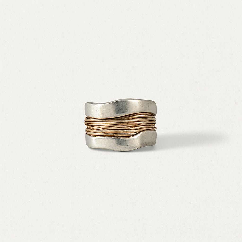 Wide Band Ring with Gold Wire Accents and Silver Finish