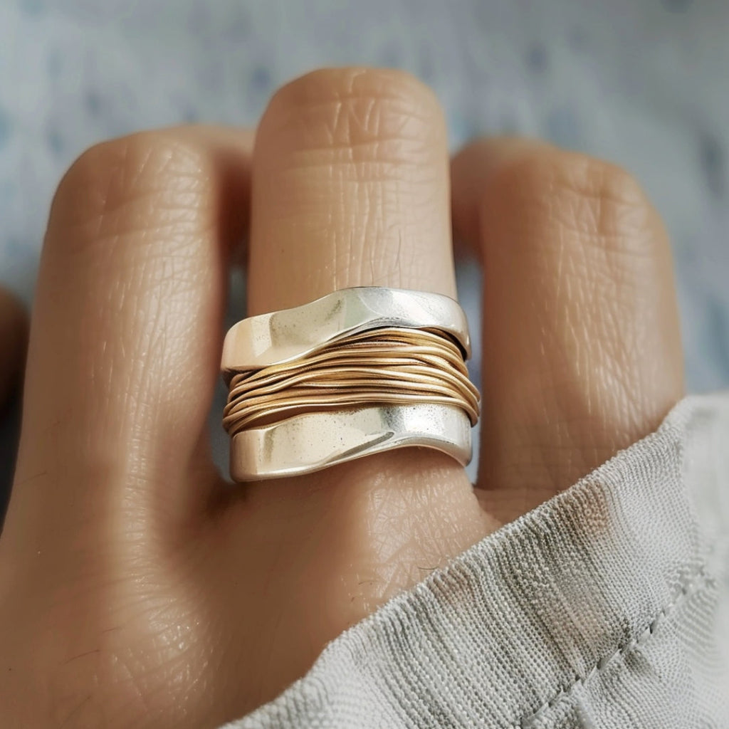 Wide Band Ring with Gold Wire Accents and Silver Finish