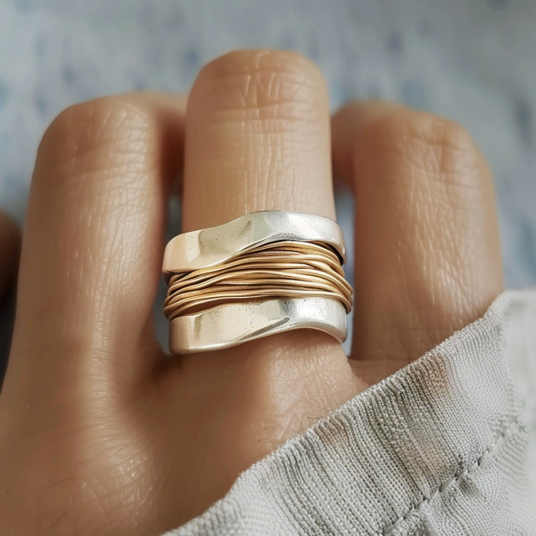 Wide Band Ring with Gold Wire Accents and Silver Finish