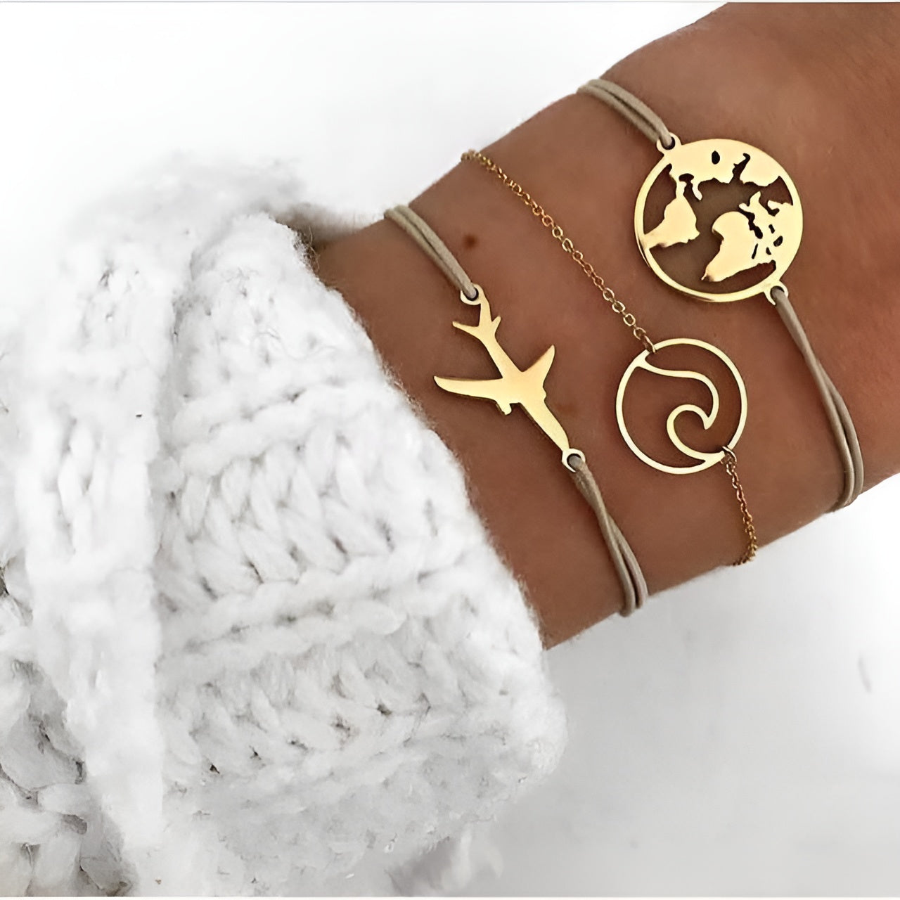Layered Charm Bracelet Set with Marble Bead Accents