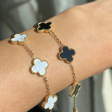 Gold Clover Bracelet - Black Enamel Charms - 18K Gold Tone - Stainless Steel