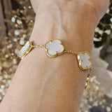 Gold Clover Bracelet - Black Enamel Charms - 18K Gold Tone - Stainless Steel