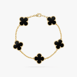 Gold Clover Bracelet - Black Enamel Charms - 18K Gold Tone - Stainless Steel