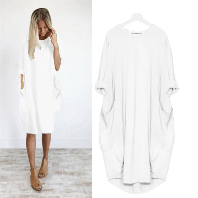Women's Long Sleeve Loose Fit Round Neck Summer Dress | Midi