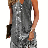 Women's Sleeveless Printed Summer Dress with Split Neckline | Mini