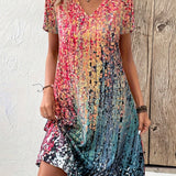 Women's Multicolor V Neck Short Sleeves Summer Dress | Mini
