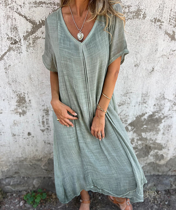 Women's V-Neck Summer Midi Dress | Short Sleeve