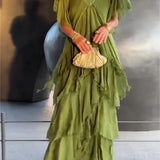 Women's Short Sleeves V-Neck Tiered Ruffle Dress | Maxi