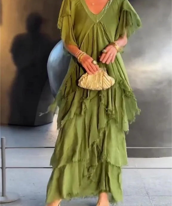 Women's Short Sleeves V-Neck Tiered Ruffle Dress | Maxi