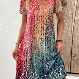 Women's Multicolor V Neck Short Sleeves Summer Dress | Mini