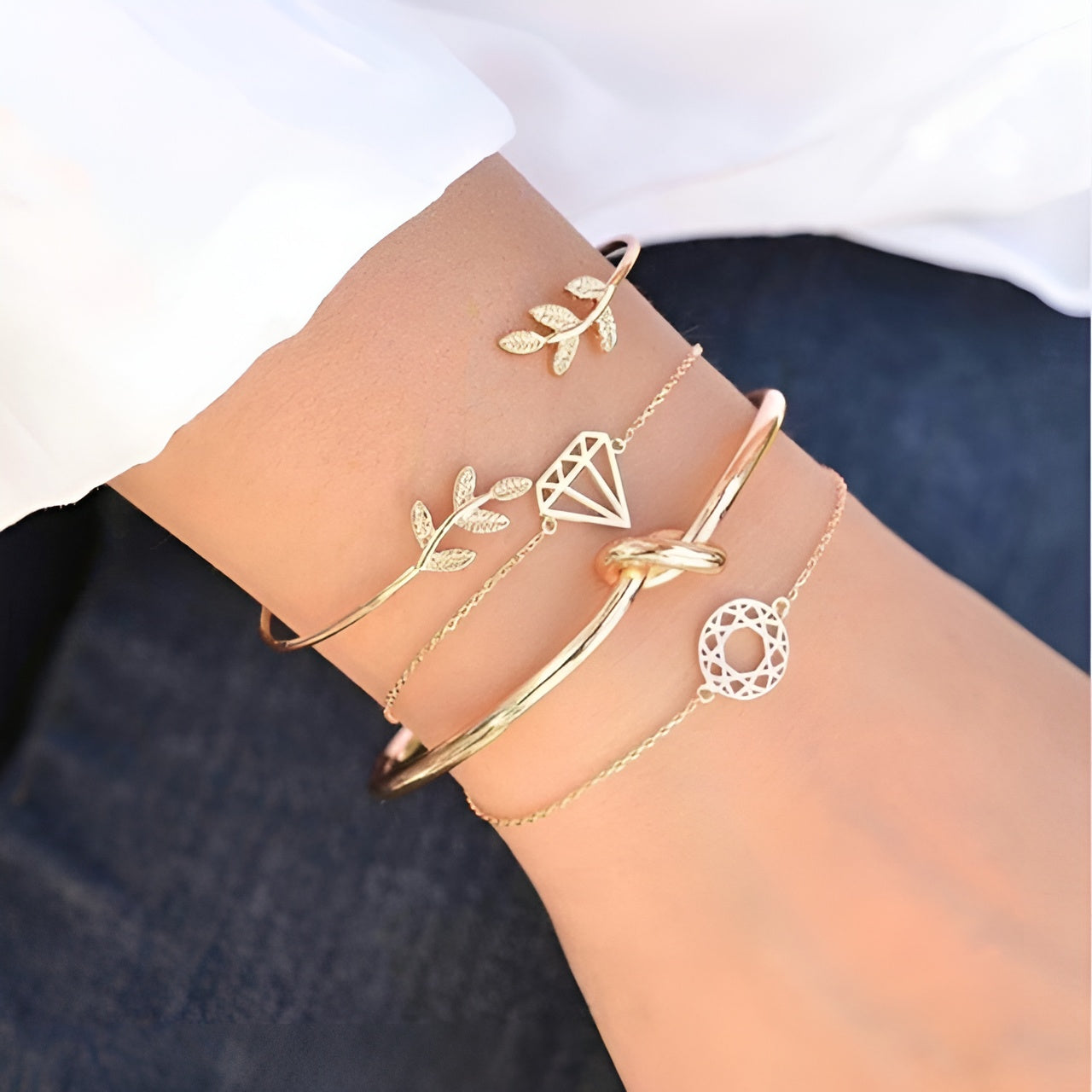 Layered Charm Bracelet Set with Marble Bead Accents