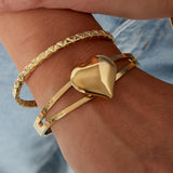 Gold Bold Heart Bangle - Statement Heart Cuff - 18K Gold Tone