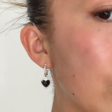 Silver Tone Heart Drop Earrings with Black Center Stone