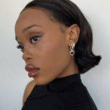 Silver Tone Heart Drop Earrings with Black Center Stone