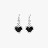 Silver Tone Heart Drop Earrings with Black Center Stone