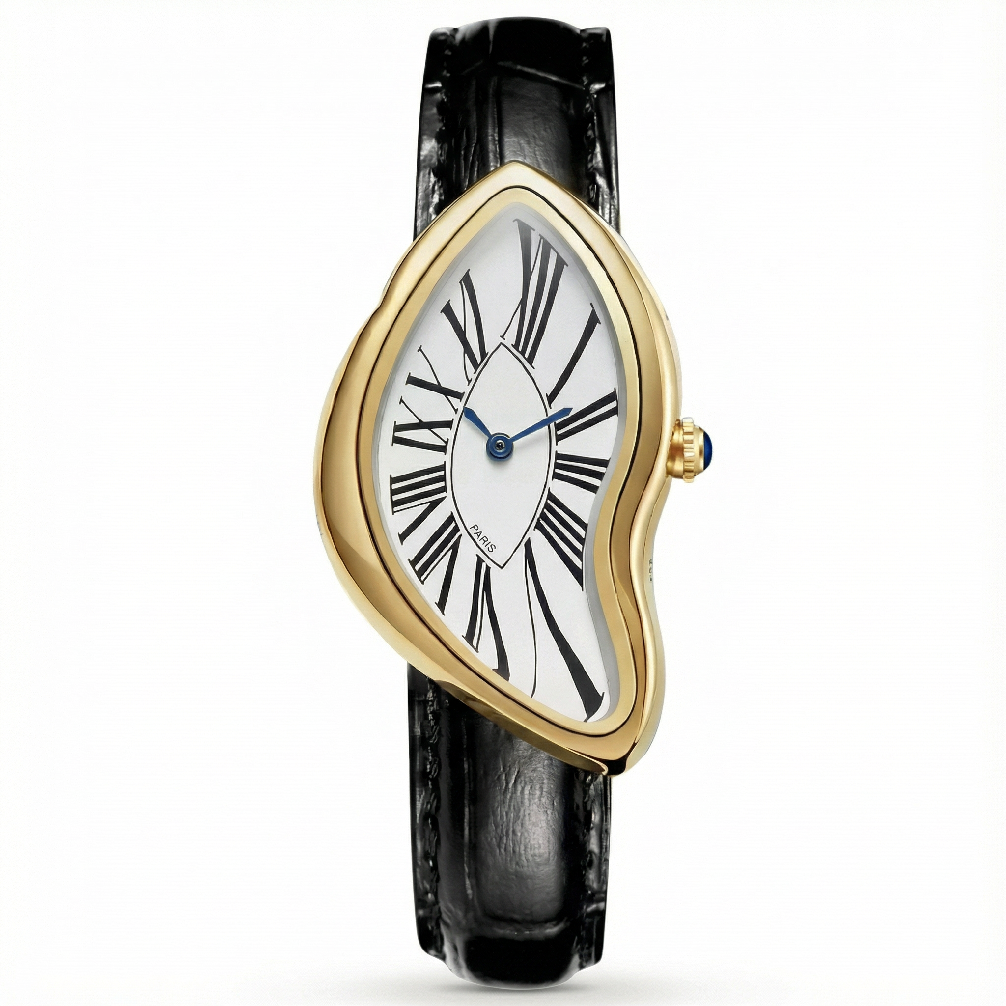 Gold and black watch with a unique design on a white background