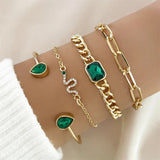 Gold Tone Bracelet Set with Green Crystal Beads