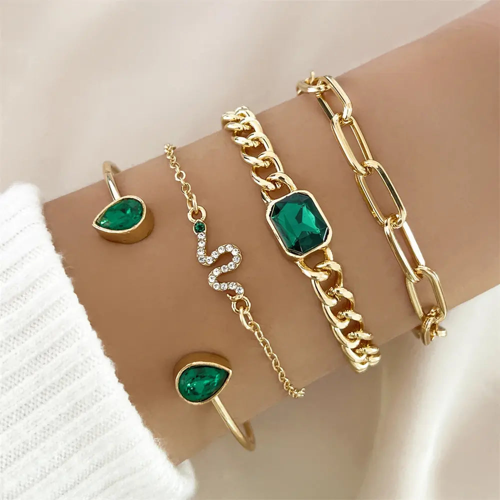 Gold color Bracelet Set with Green Crystal Accents
