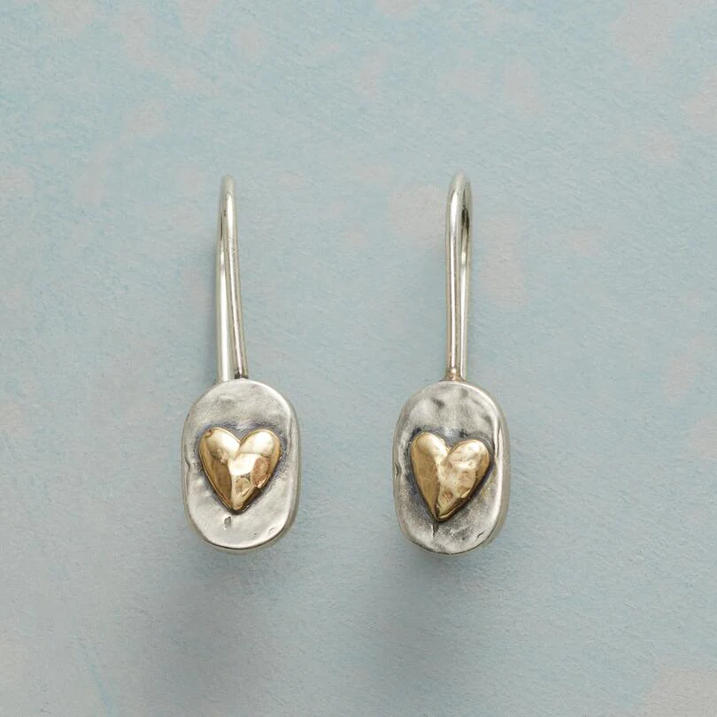 Two-Tone Silver Drop Earrings with Small Gold Heart Detail