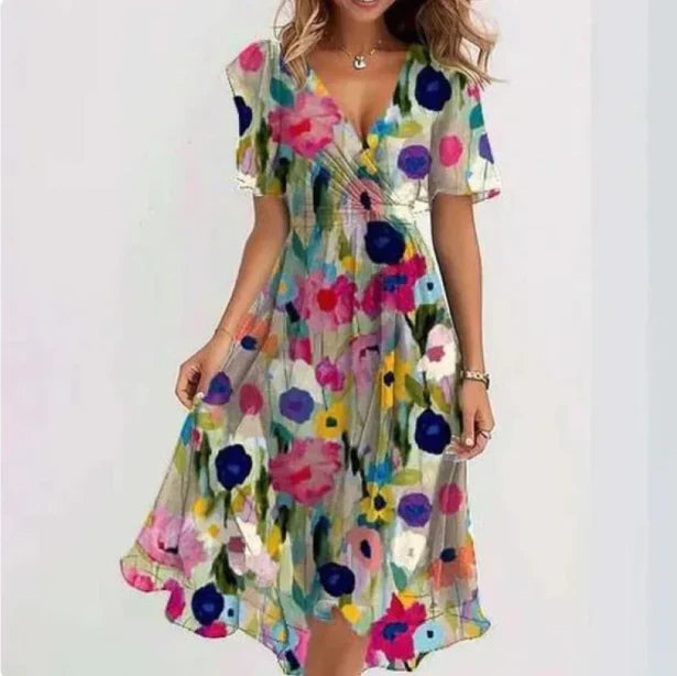 Women's V-Neck Floral Print A-Line Wrap Midi Dress | Short Sleeve