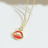 Gold Kiss My Lips Necklace - Playful Lip Pendant Chain - 18K Gold Tone