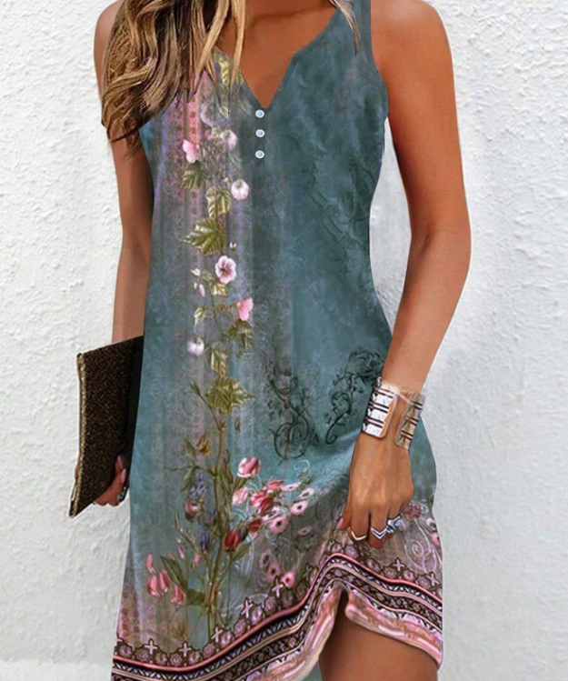 Women's Sleeveless Printed Summer Dress with Split Neckline | Mini